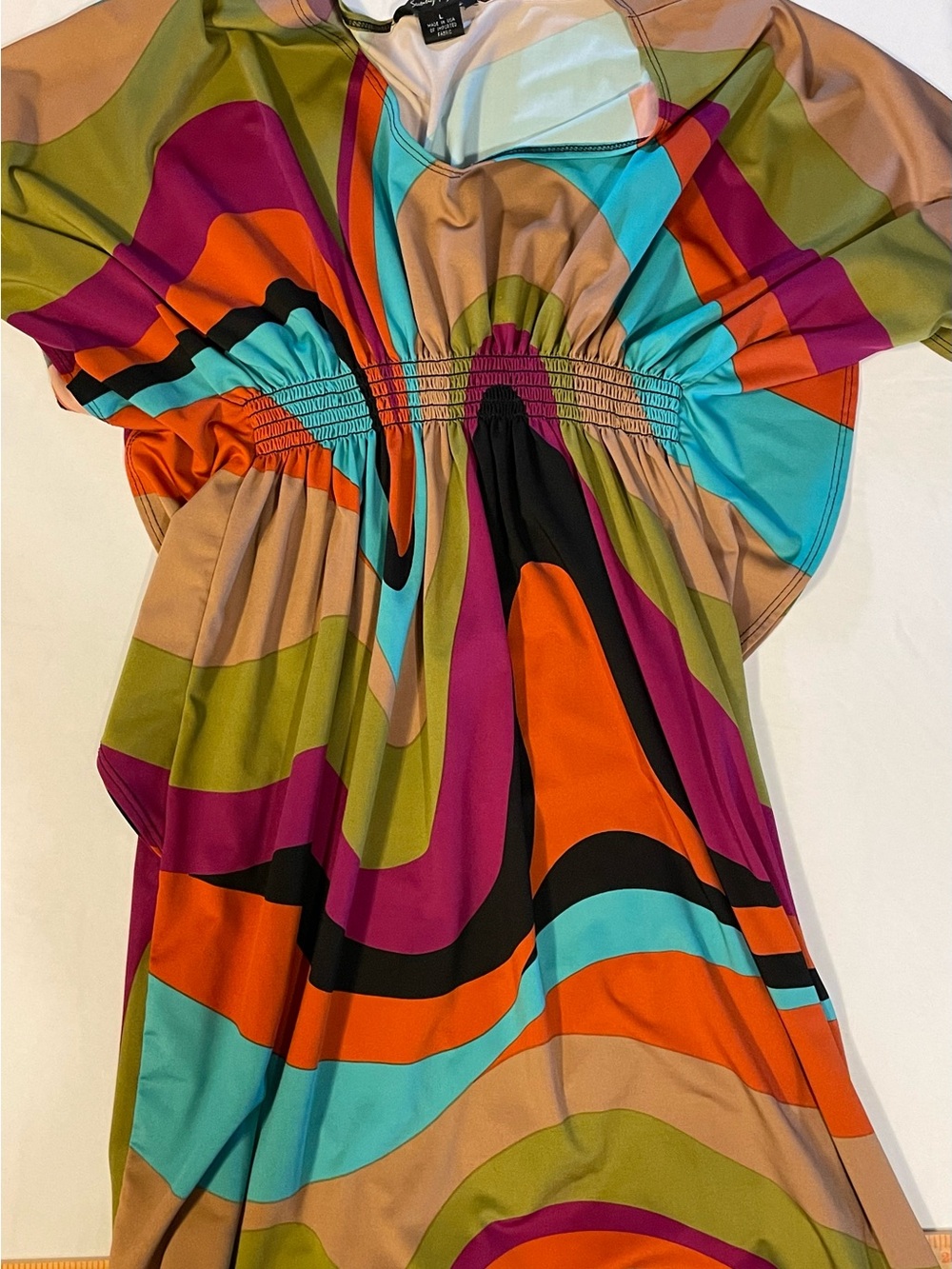 Sunny Taylor Multicolor Wave-Print Midi Dress — Turquoise, Orange & Magenta